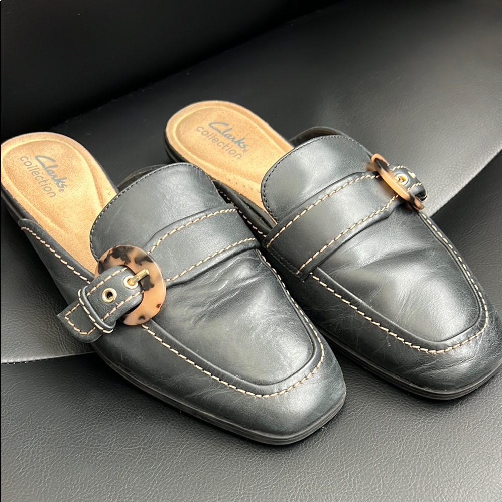 Clarks Black Leather Slip-On Loafers with Gold Accent